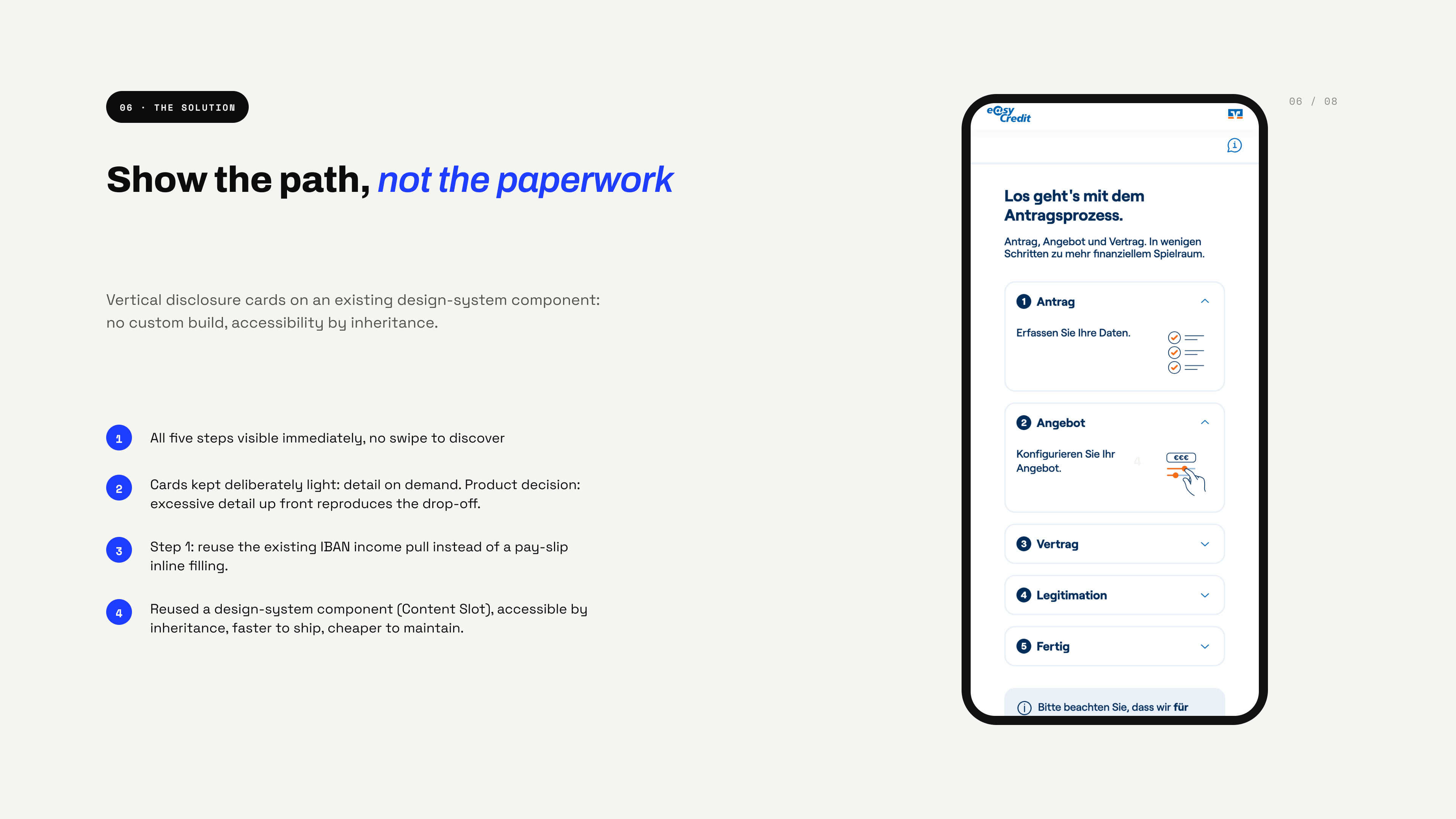The solution — vertical disclosure cards on an existing design-system component, reusing the IBAN income pull to remove Step 1 friction