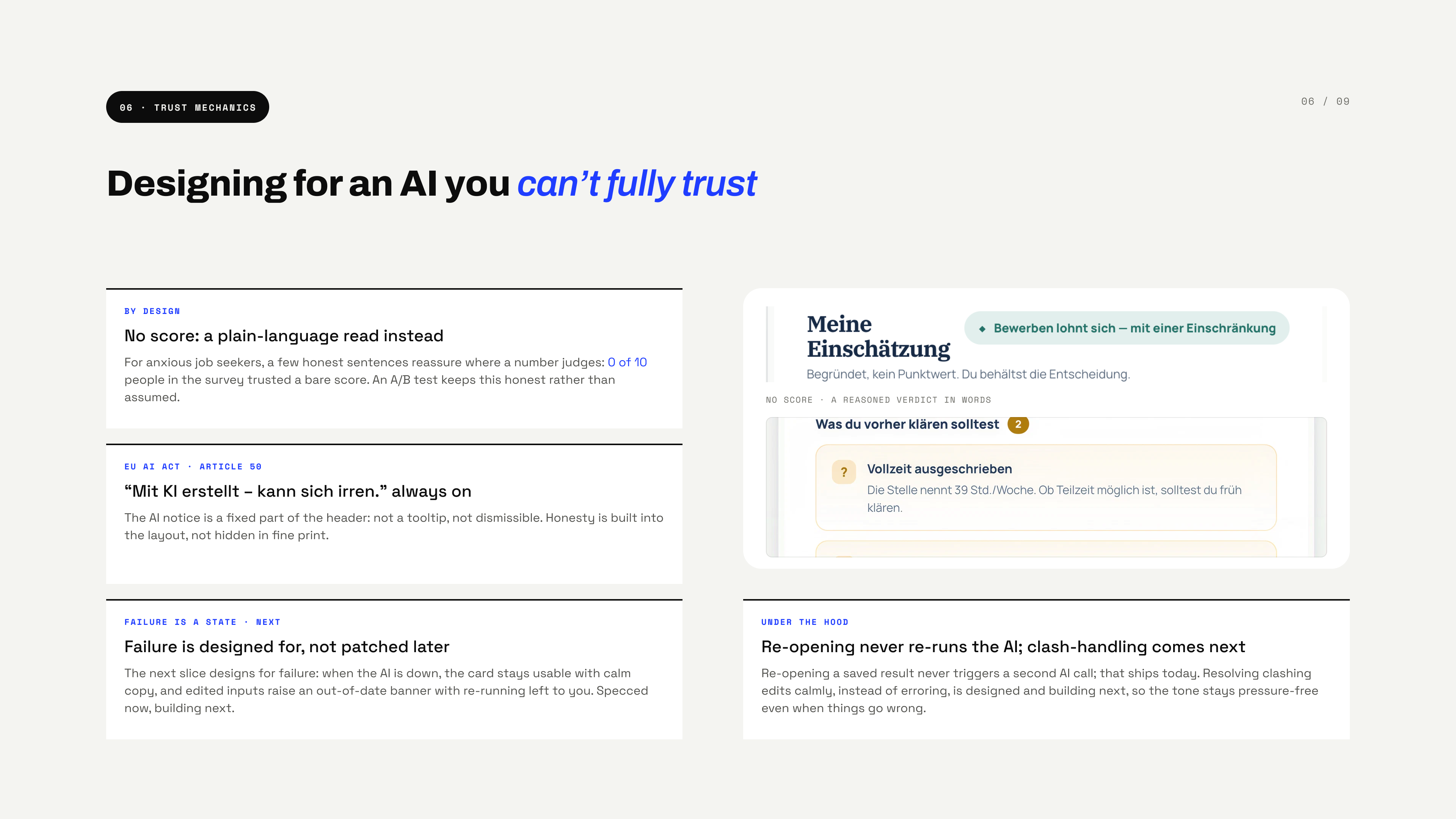 Designing for an AI you can’t fully trust — a plain-language read instead of a score, a permanent non-dismissible AI-generated disclosure, and failure states specced as next, not yet built