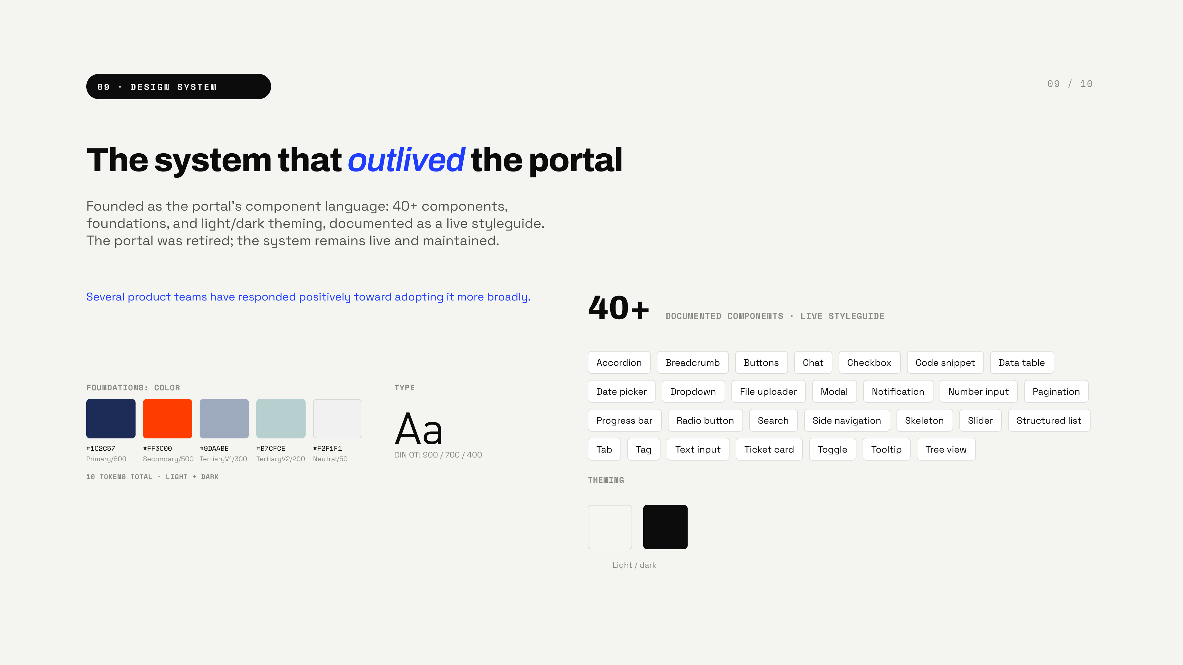 The system that outlived the portal — 40+ documented components, color and type foundations, light/dark theming, documented as a live styleguide; the portal was retired, the system remains live and maintained